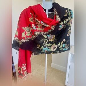 Roberto Cavalli Red and Black Floral Scarf, 75”x 26”, cashmere blend